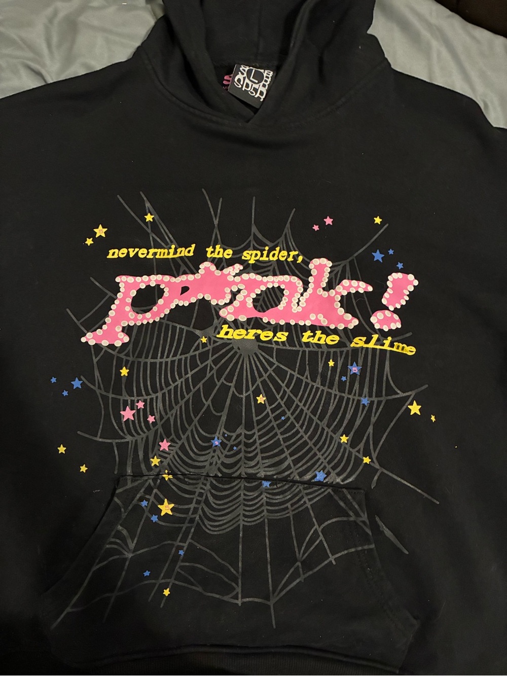 Black Graphic Pullover Hoodie with Pink 'Peak!' Design